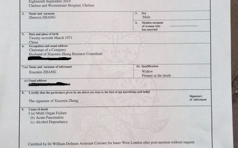 张振新死亡证明属实但疑团仍在，其伦敦豪宅距病逝医院1英里